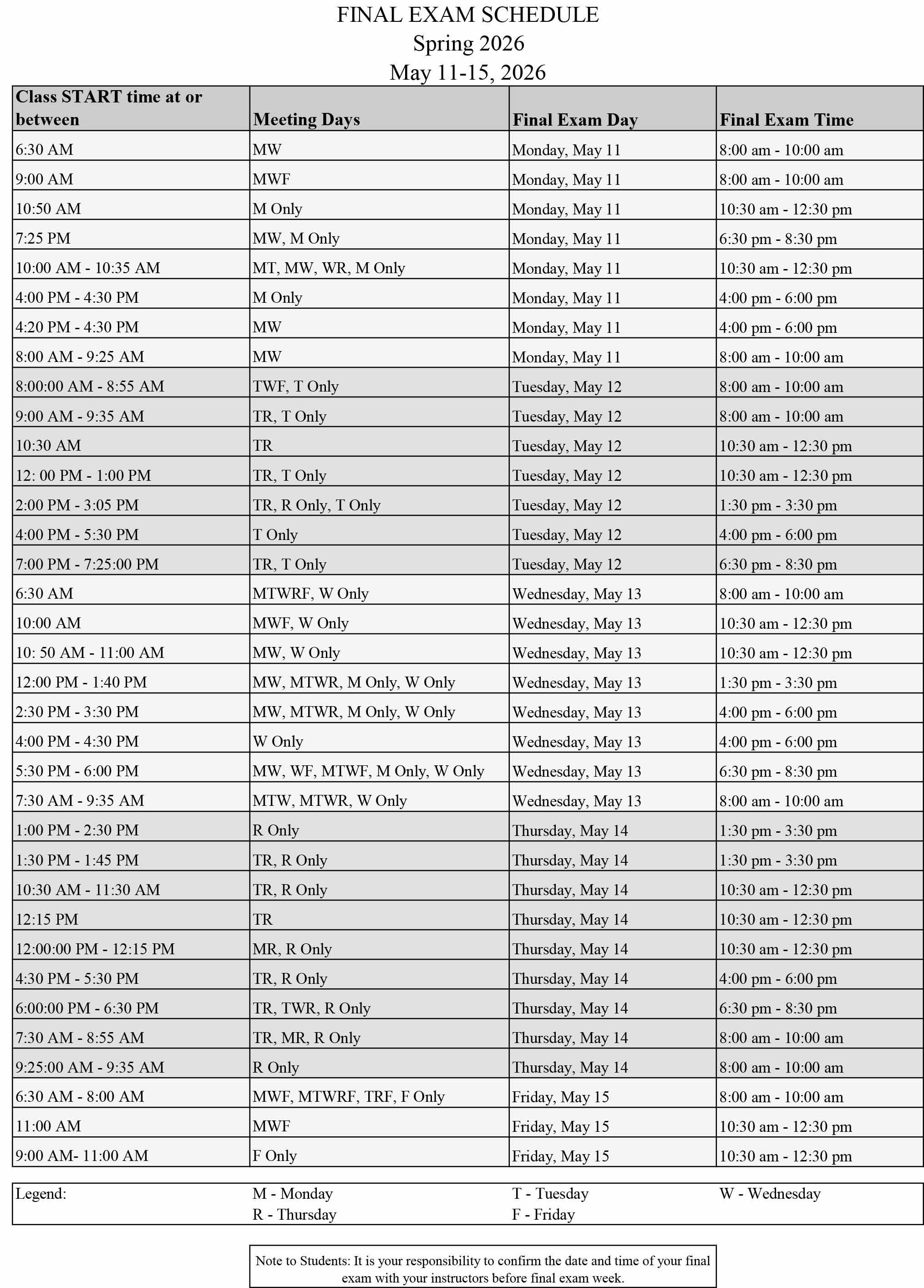 Image of the Spring 2026 Final Exam Schedule for 16-Week classes. Click image for a text friendly PDF version.